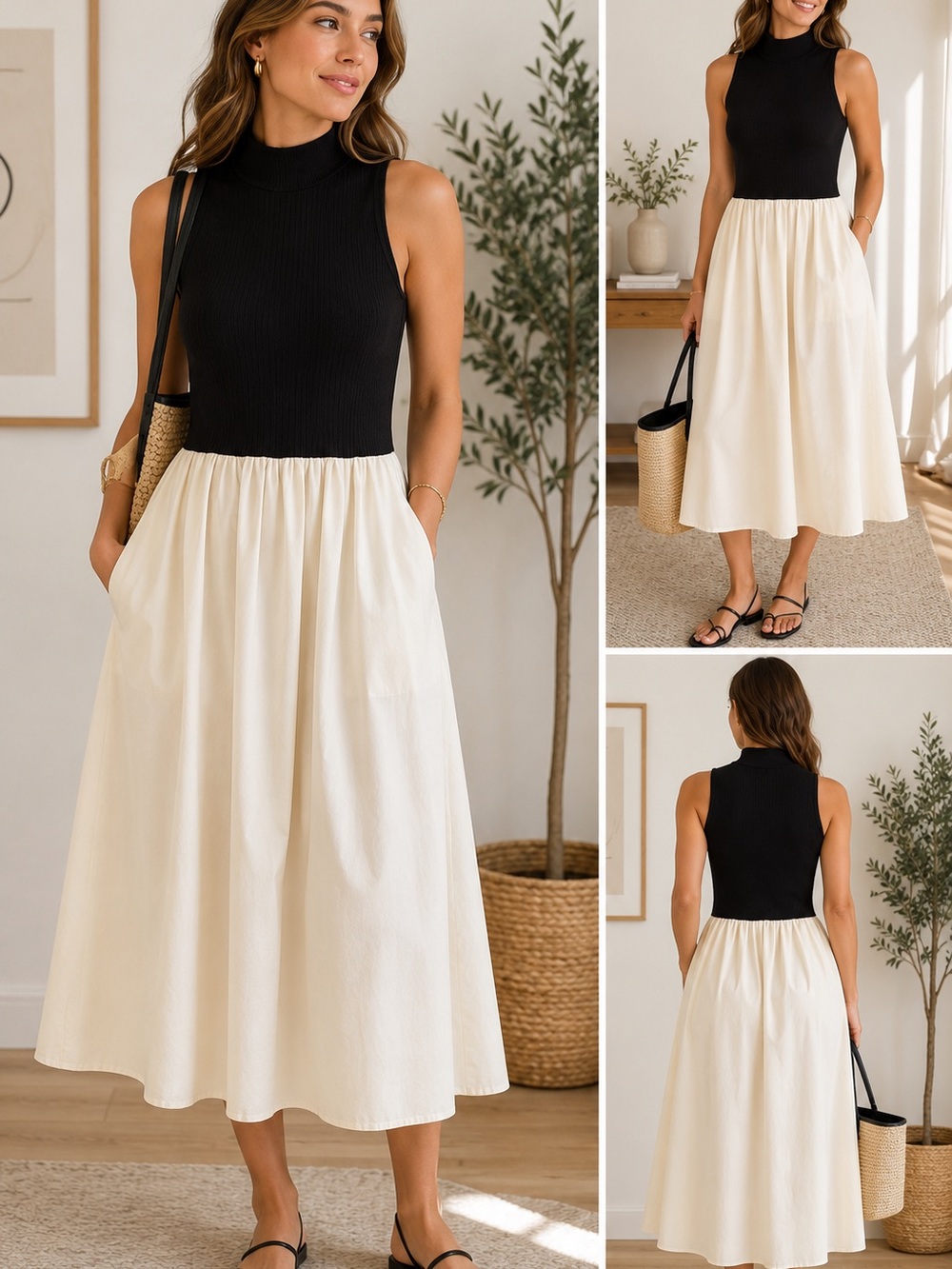Sleeveless MockNeck Mixed Media Midi Dress Black & Ivory Cotton Poplin Pockets S